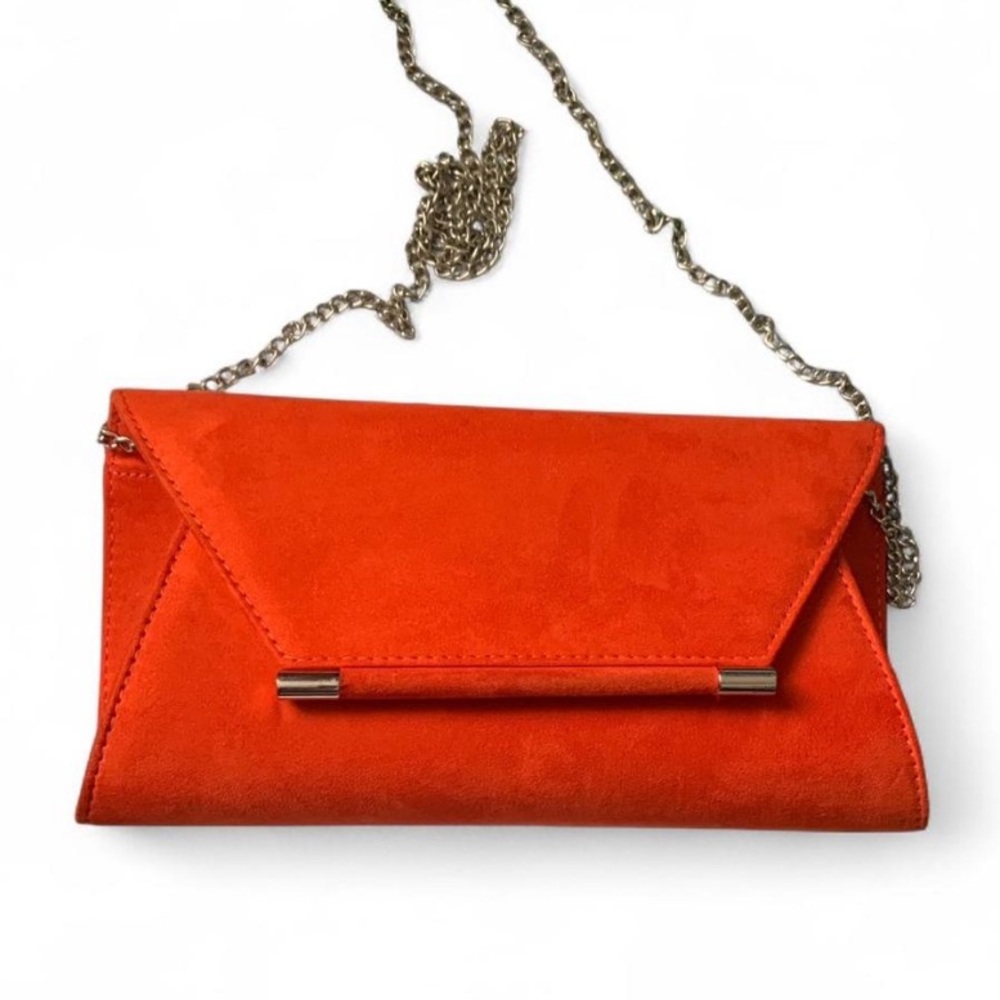 Call It Spring Orange Suede Like Envelope Clutch with Crossbody Chain